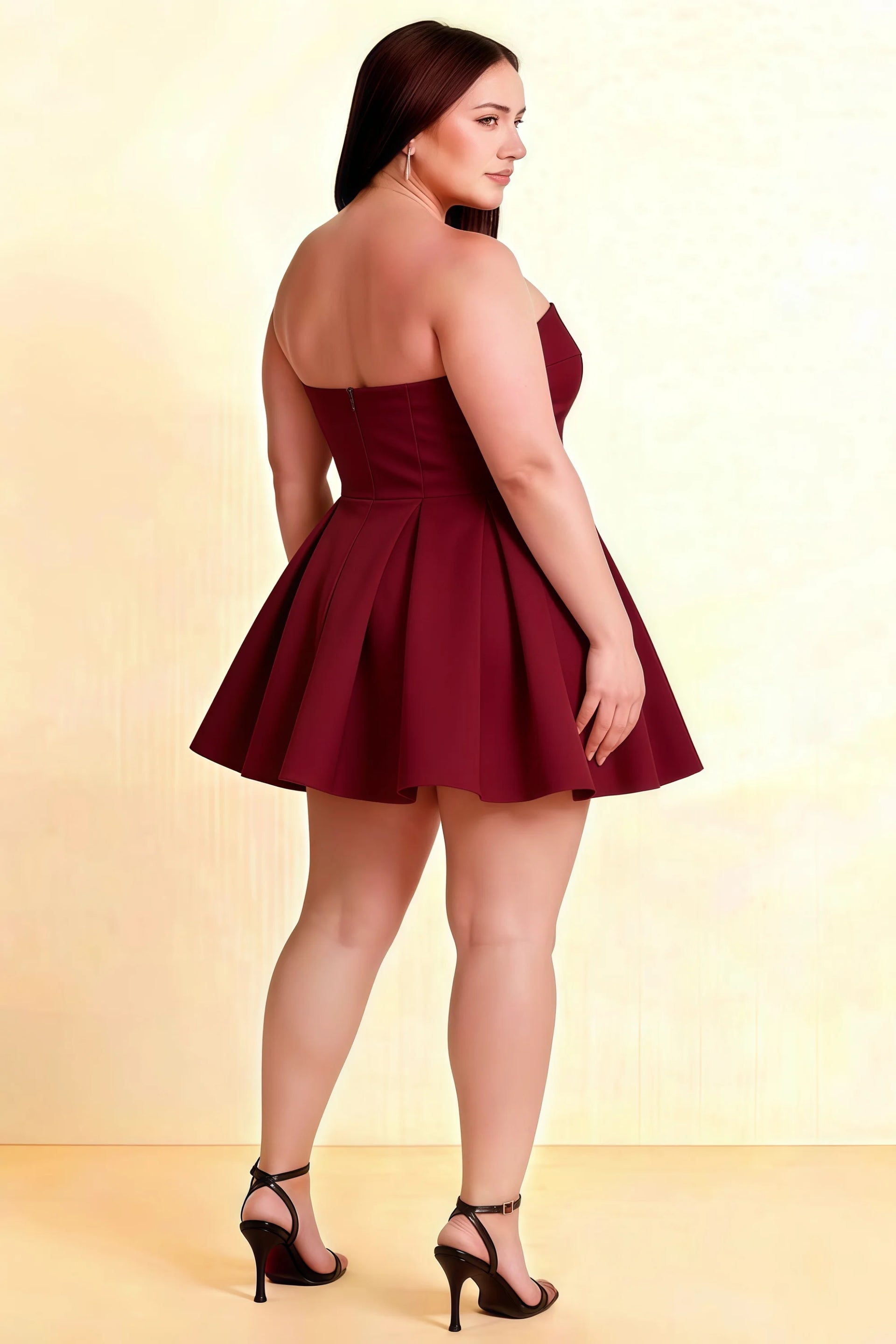 Plus Size Model Back View LVLVS Beverly Dress Burgundy Satin Strapless Open Back Mini Skater Dress for Birthday Bridesmaid Brunch Casual Classy Club Cocktail Dance Day Formal Going Out Homecoming Office & Work Party Day Party Prom Semi - Formal Sorority Rush Wedding Wedding Guest Graduation Curve Fit Short Party Dress