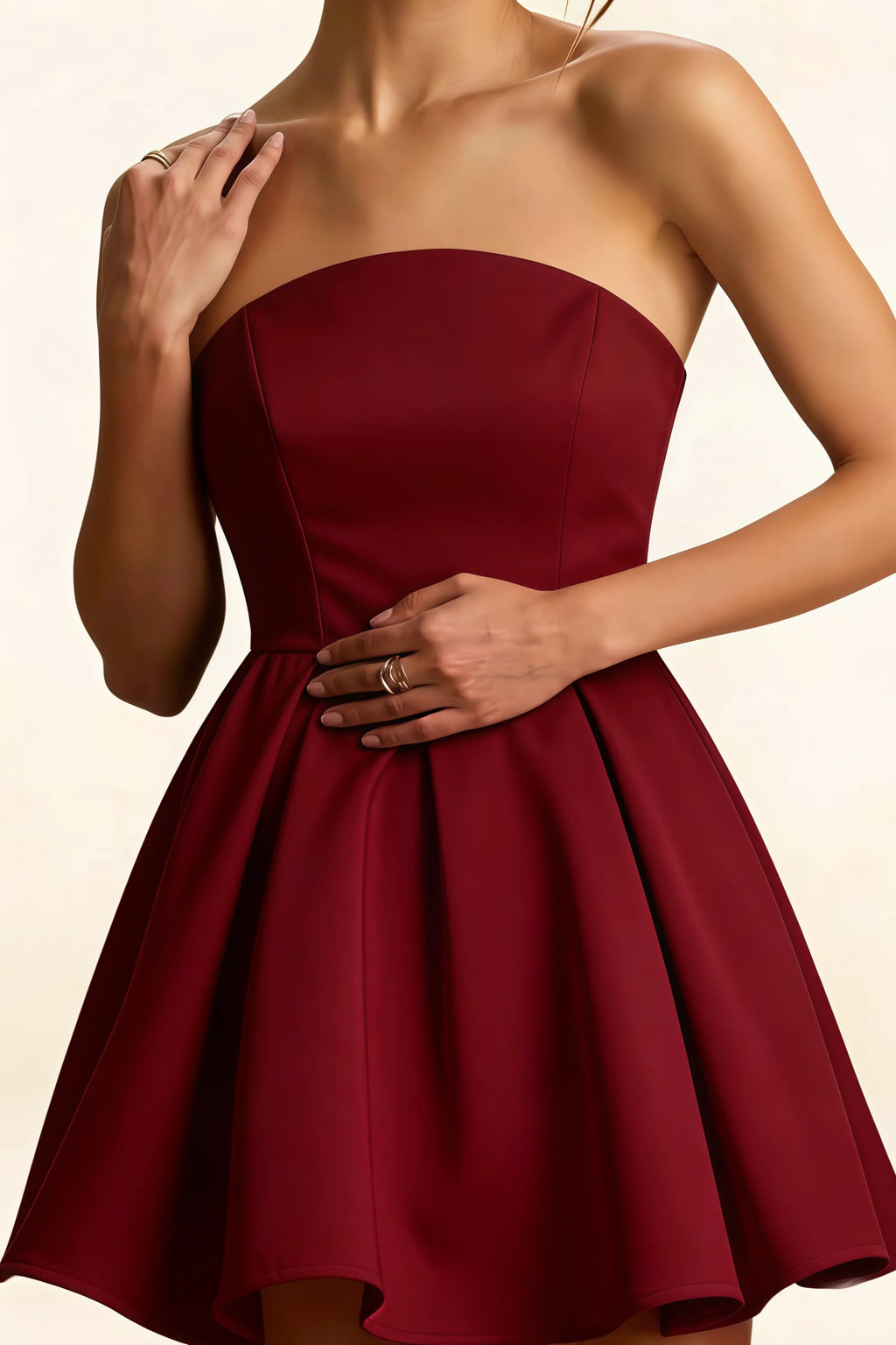 Waist Hand Detail LVLVS Beverly Dress Burgundy Satin Strapless Open Back Mini Skater Dress for Birthday Bridesmaid Brunch Casual Classy Club Cocktail Dance Day Formal Going Out Homecoming Office & Work Party Day Party Prom Semi - Formal Sorority Rush Wedding Wedding Guest Graduation Fit and Flare Design