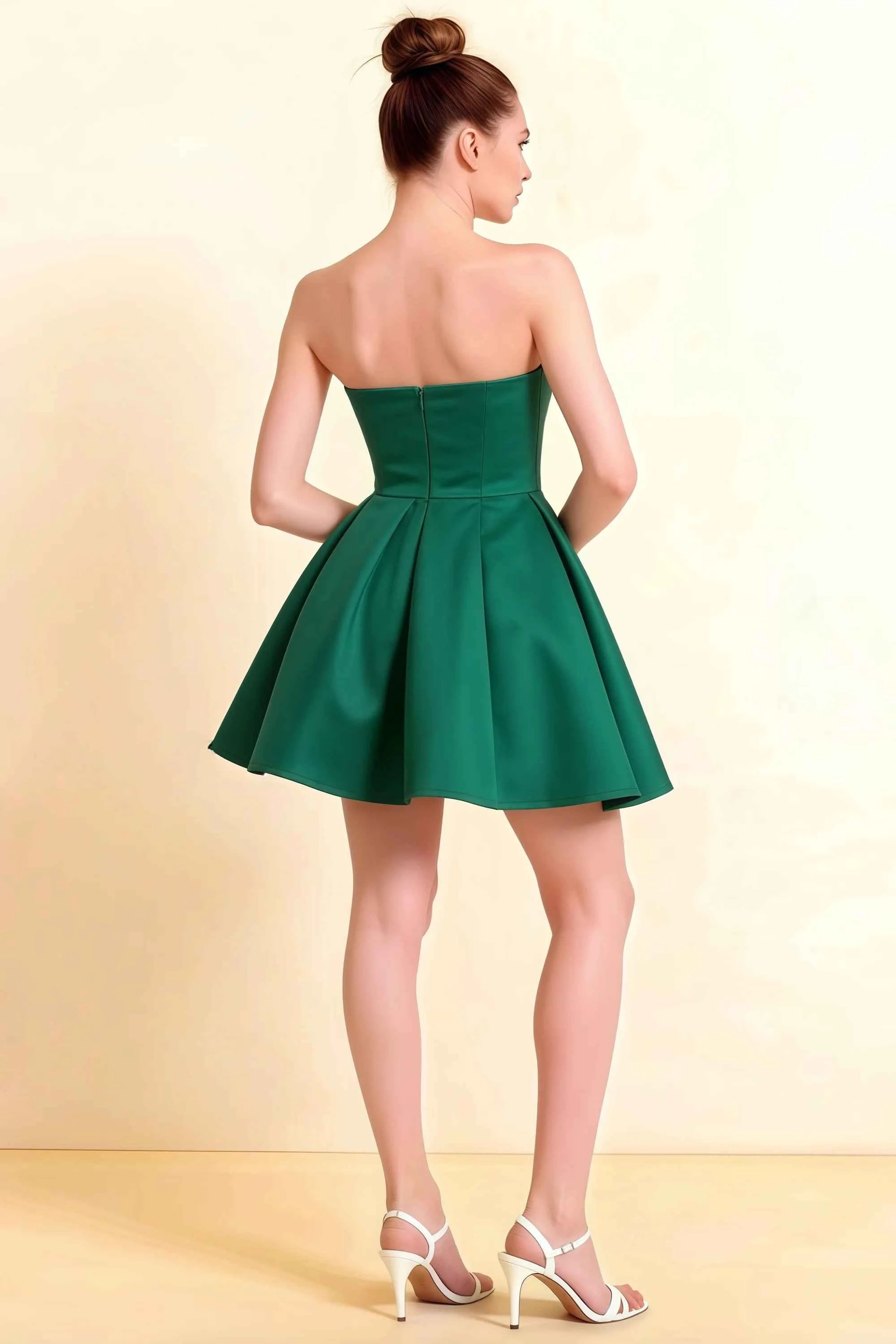 Beverly Dark Green Satin Strapless Open Back Mini Skater Dress