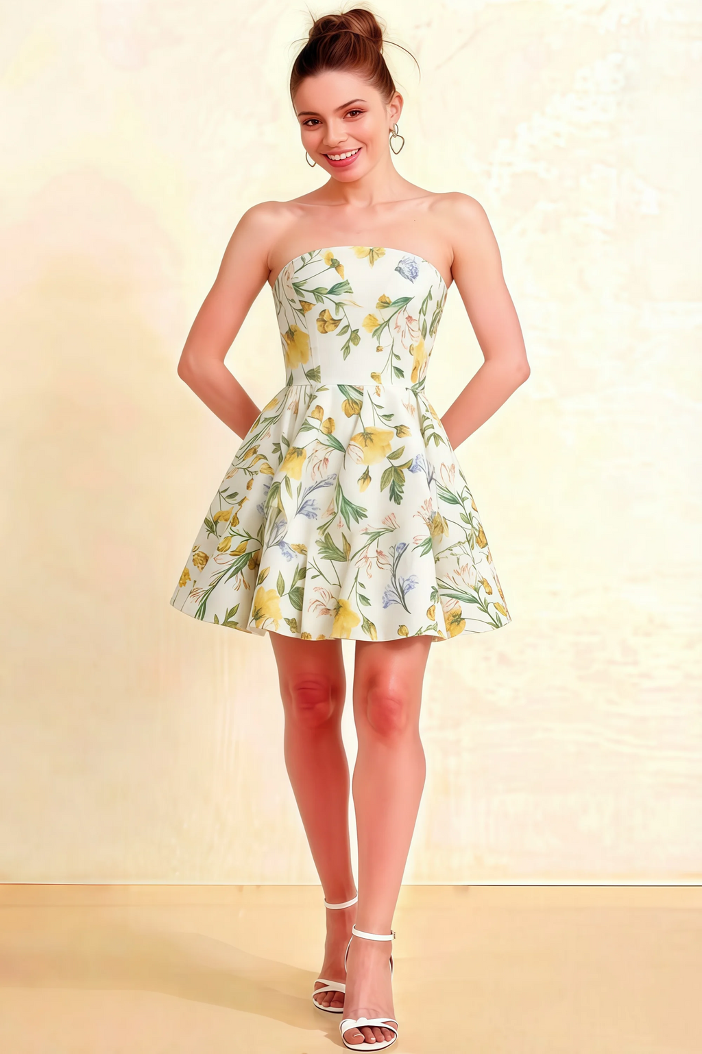 LVLVS Beverly Dress Green and White Floral Satin Strapless Open Back Mini Skater Dress for Brunch Casual Day Wear