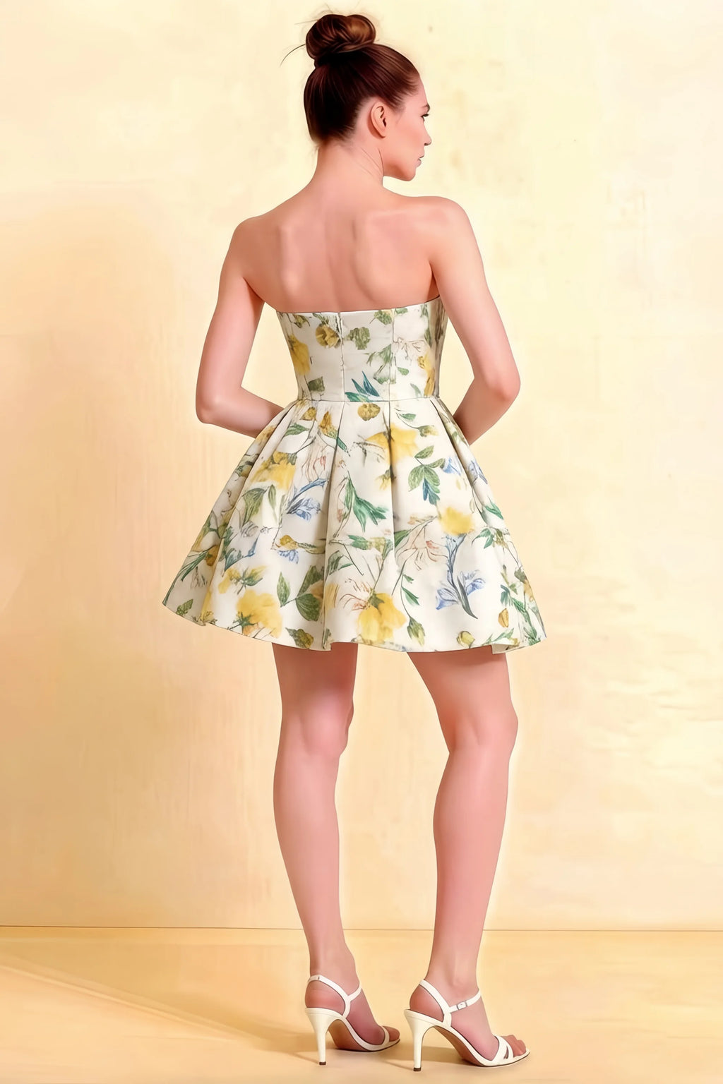 LVLVS Beverly Dress Green and White Floral Satin Strapless Open Back Mini Skater Dress Back View for Cocktail Party Semi - Formal Occasions