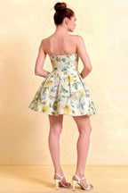 LVLVS Beverly Dress Green and White Floral Satin Strapless Open Back Mini Skater Dress Back View for Cocktail Party Semi - Formal Occasions