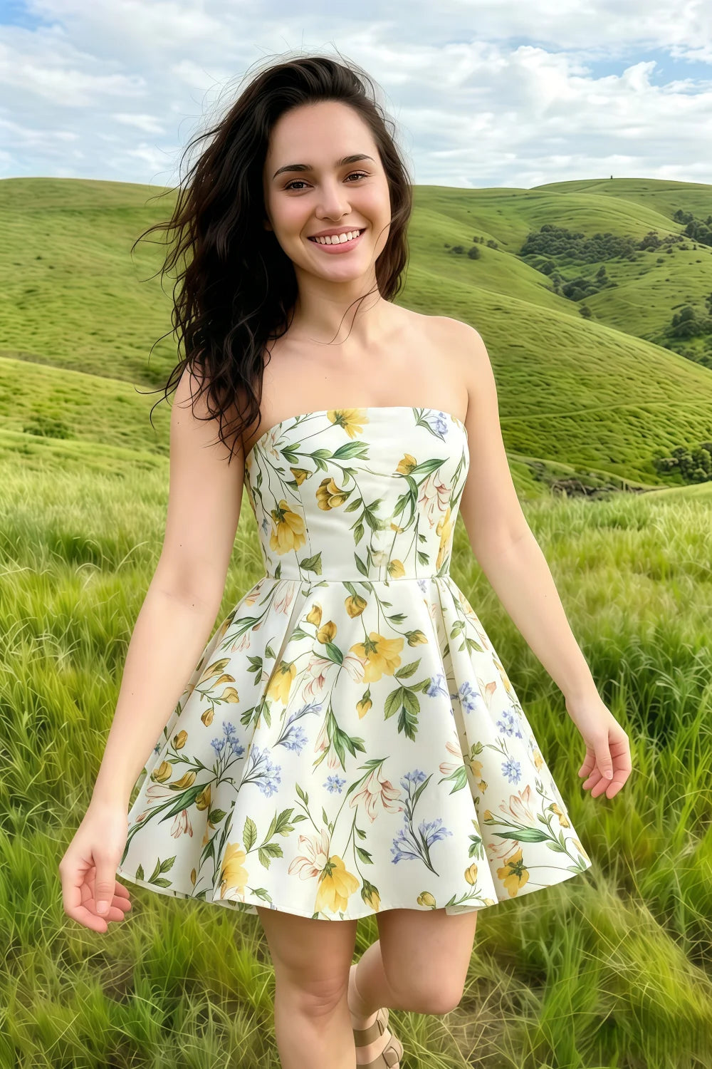 Customer Wearing LVLVS Beverly Dress Green and White Floral Satin Strapless Open Back Mini Skater Dress for Casual Outdoor Summer Events