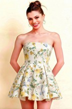 LVLVS Beverly Dress Green and White Floral Satin Strapless Open Back Mini Skater Dress Close Up for Birthday Party Classy Look