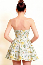 LVLVS Beverly Dress Green and White Floral Satin Strapless Open Back Mini Skater Dress Back Detail for Formal Event Homecoming