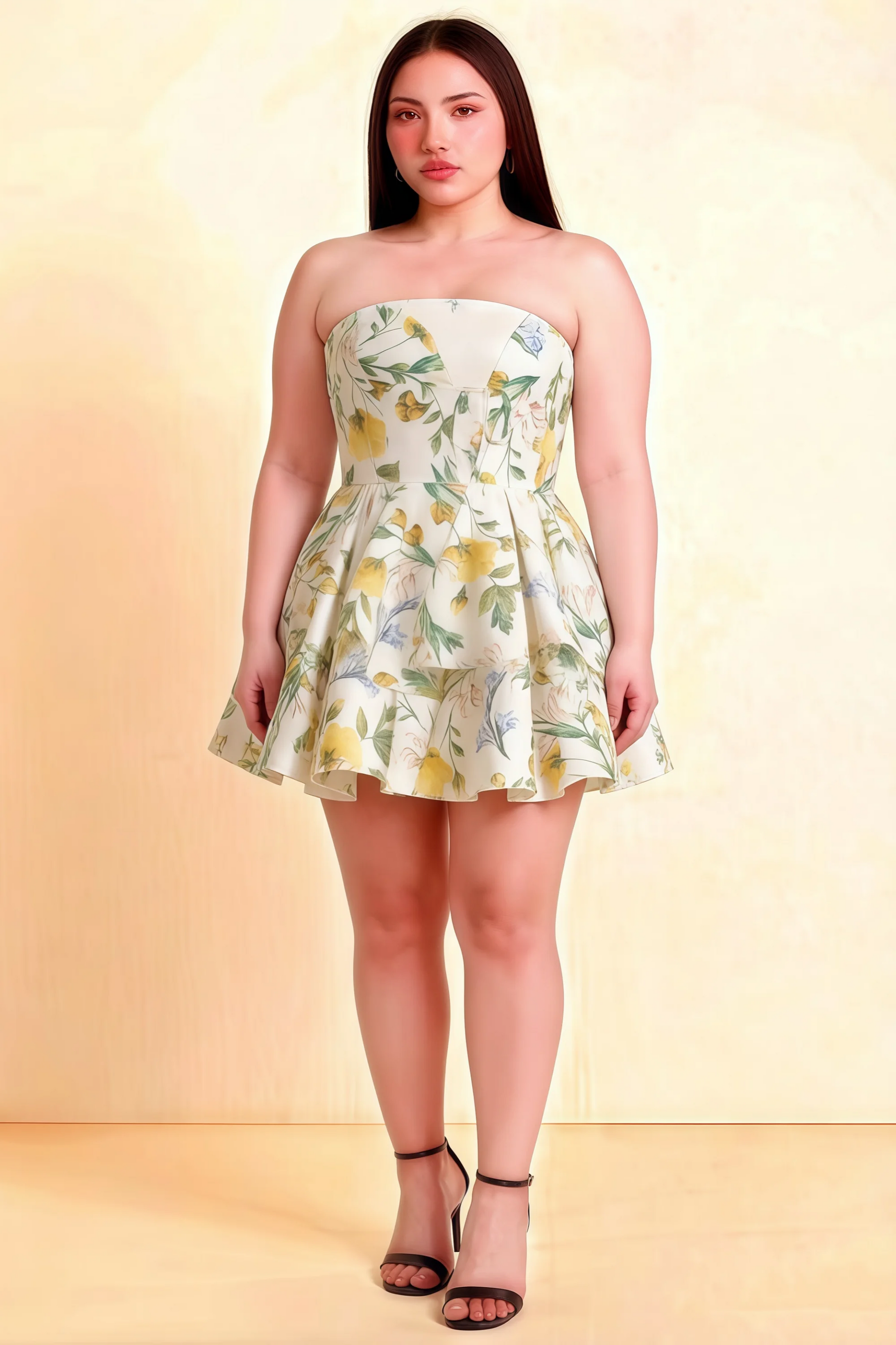 Plus Size Model in LVLVS Beverly Dress Green and White Floral Satin Strapless Open Back Mini Skater Dress for Curvy Women Casual Day