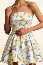 Close Up of LVLVS Beverly Dress Green and White Floral Satin Fabric Strapless Open Back Mini Skater Dress Details for Office & Work Elegant Style