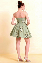 Back View LVLVS Beverly Green Floral Satin Strapless Open Back Mini Skater Dress for Cocktail Club Going Out Semi - Formal Events