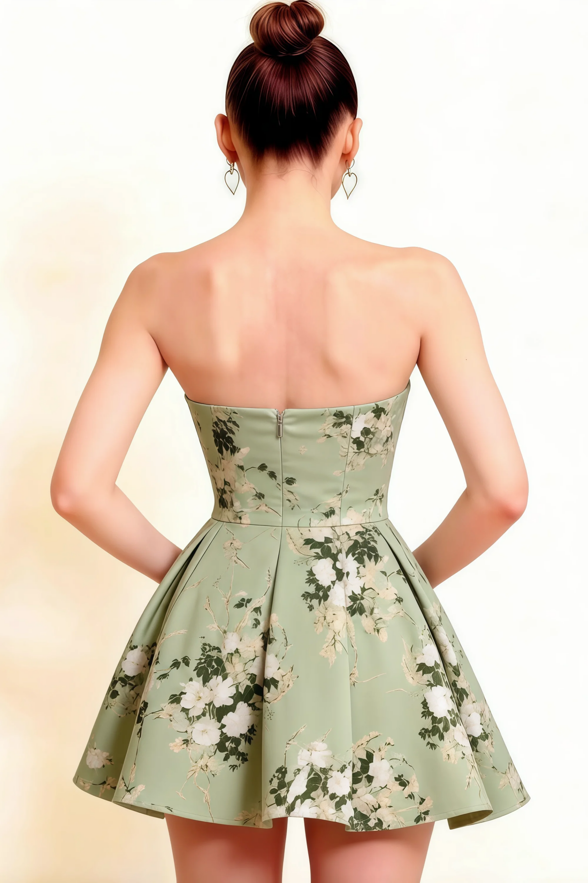 Back Detail LVLVS Beverly Green Floral Satin Strapless Open Back Mini Skater Dress for Sorority Rush Formal Dance Parties