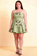 Plus Size Model LVLVS Beverly Green Floral Satin Strapless Open Back Mini Skater Dress for Curvy Women Office Work Party
