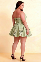 Plus Size Back View LVLVS Beverly Green Floral Satin Strapless Open Back Mini Skater Dress for Bridesmaid Graduation Semi - Formal Occasions