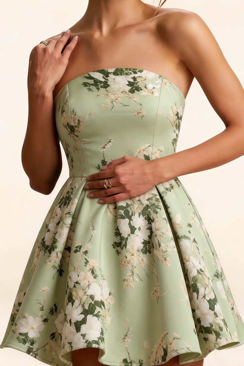 Satin Floral Print LVLVS Beverly Strapless Open Back Mini Skater Dress Details for Classy Cocktail Parties