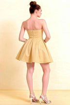Beverly Lemon Satin Strapless Open Back Mini Skater Dress
