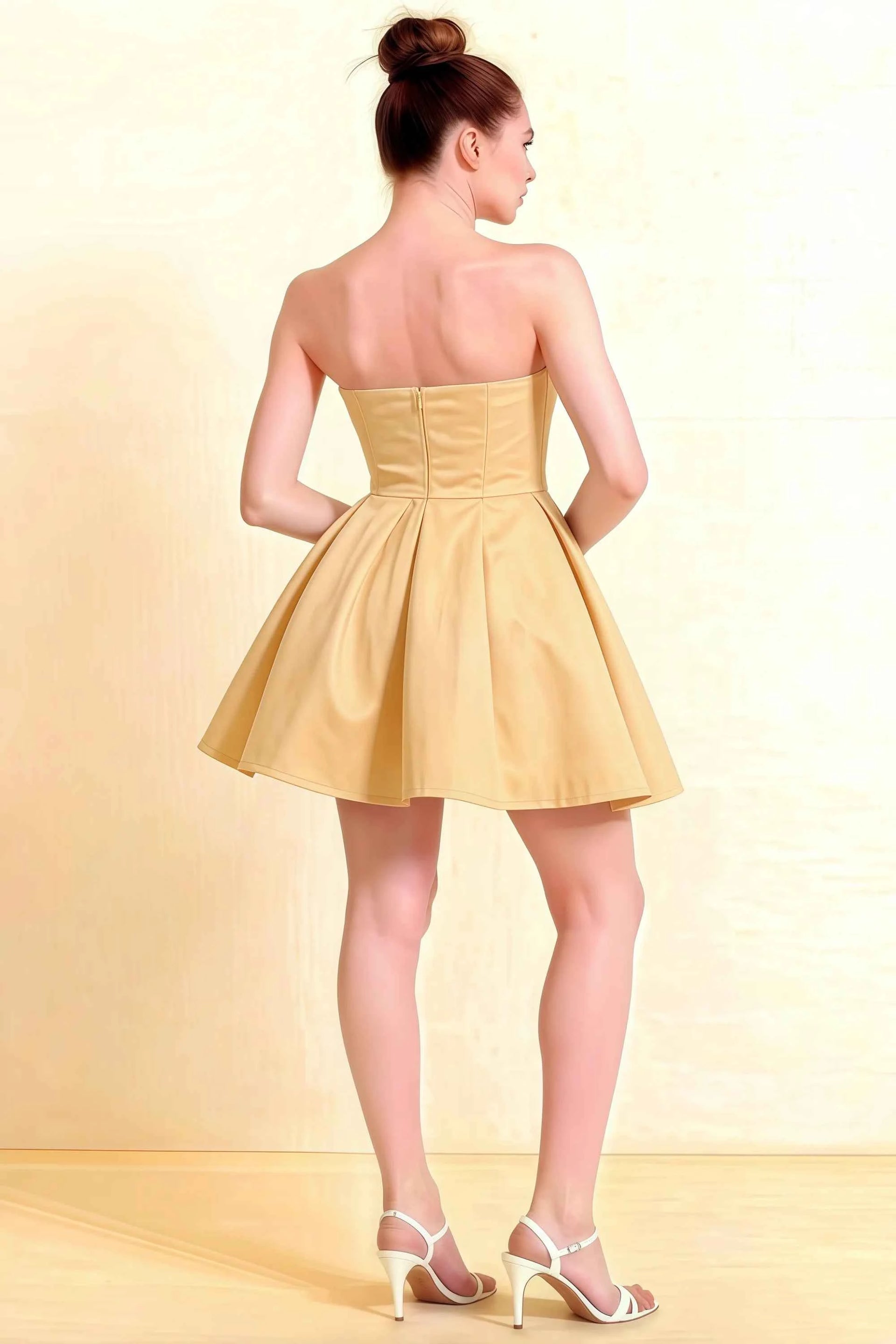 Beverly Lemon Satin Strapless Open Back Mini Skater Dress