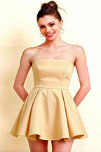 Beverly Lemon Satin Strapless Open Back Mini Skater Dress