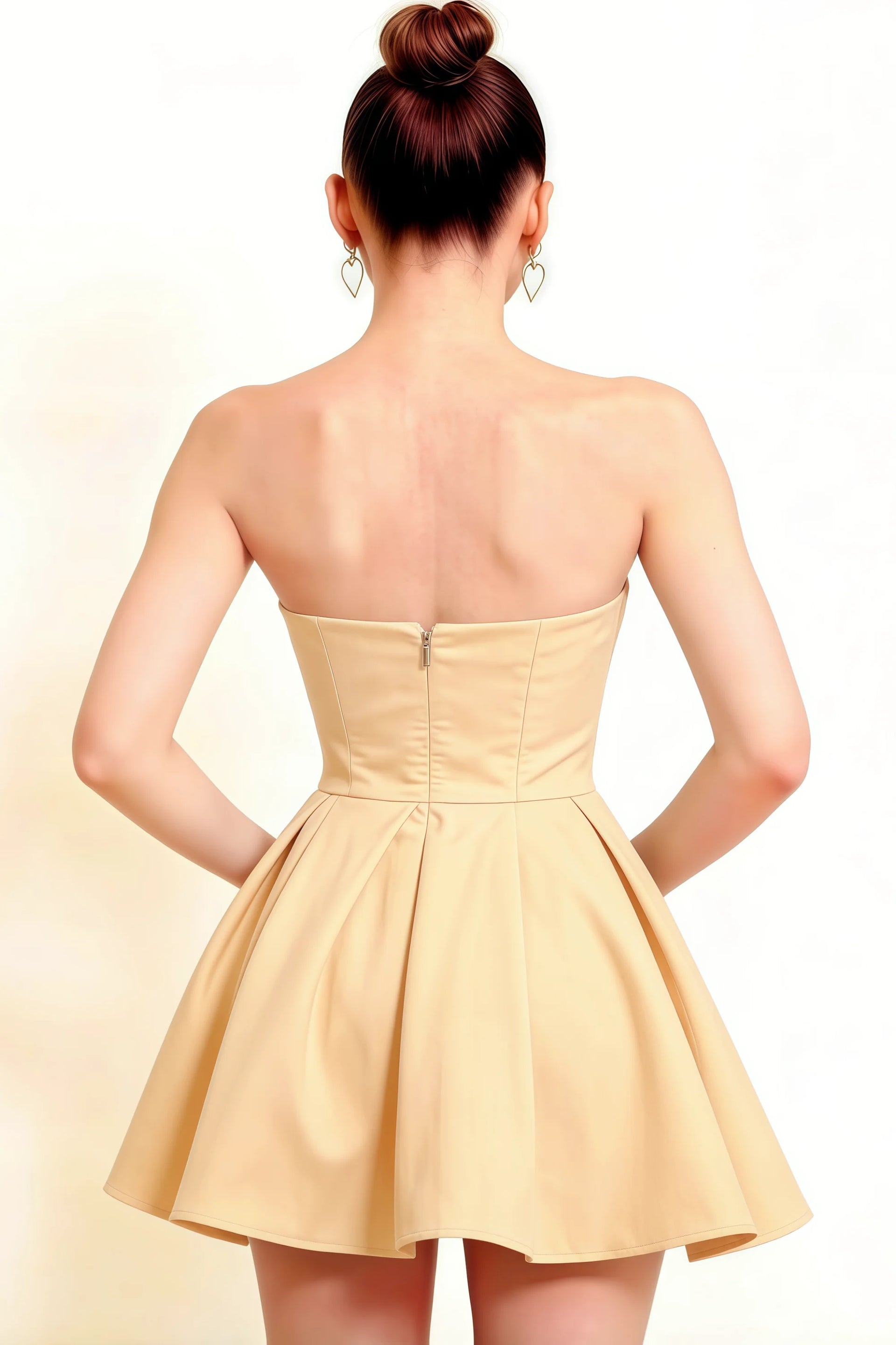 Close Up Back LVLVS Beverly Lemon Satin Strapless Open Back Mini Skater Dress Zipper Detail for Bridesmaid Birthday Club Formal Semi-Formal Dance Prom