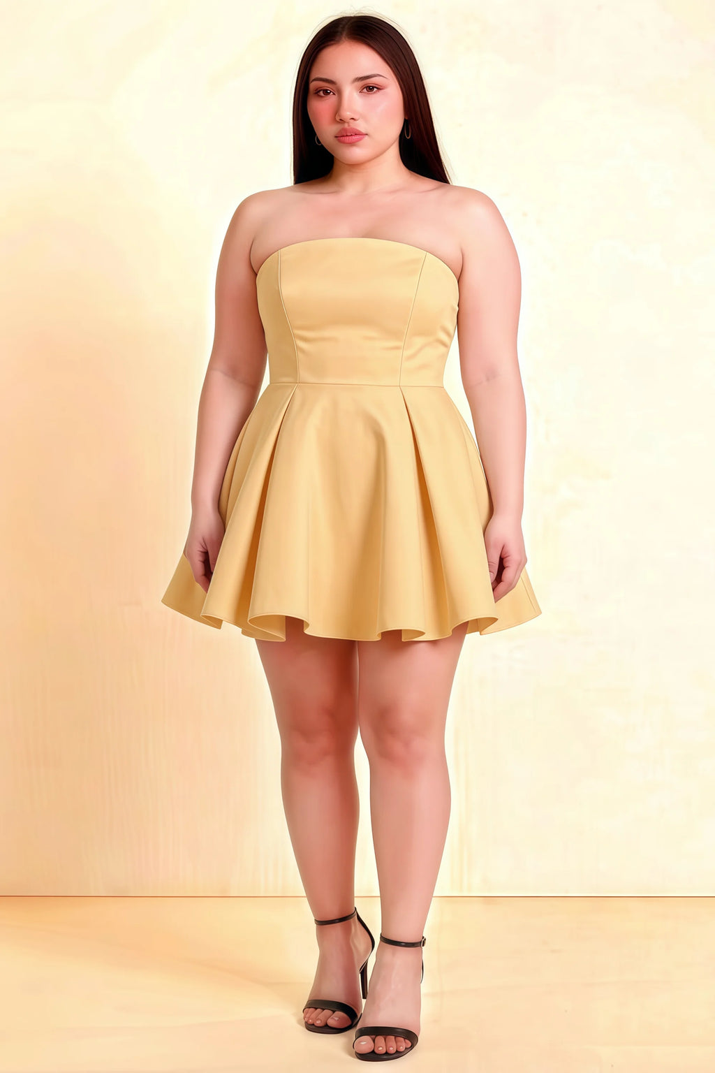 Plus Size LVLVS Beverly Lemon Satin Strapless Open Back Mini Skater Dress for Curvy Bridesmaid Birthday Party Cocktail Formal Homecoming Semi-Formal