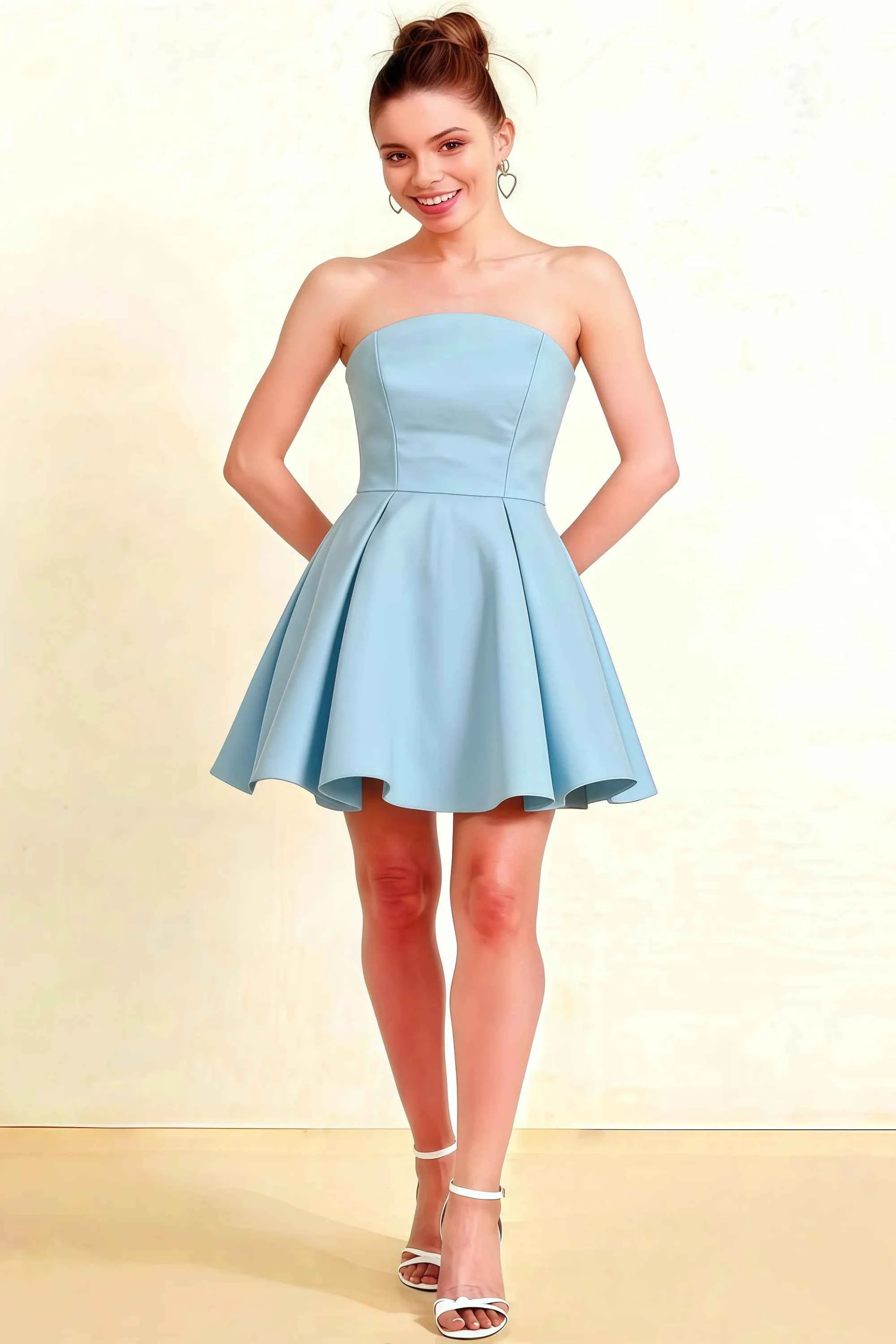 Beverly Light Blue Satin Strapless Open Back Mini Skater Dress