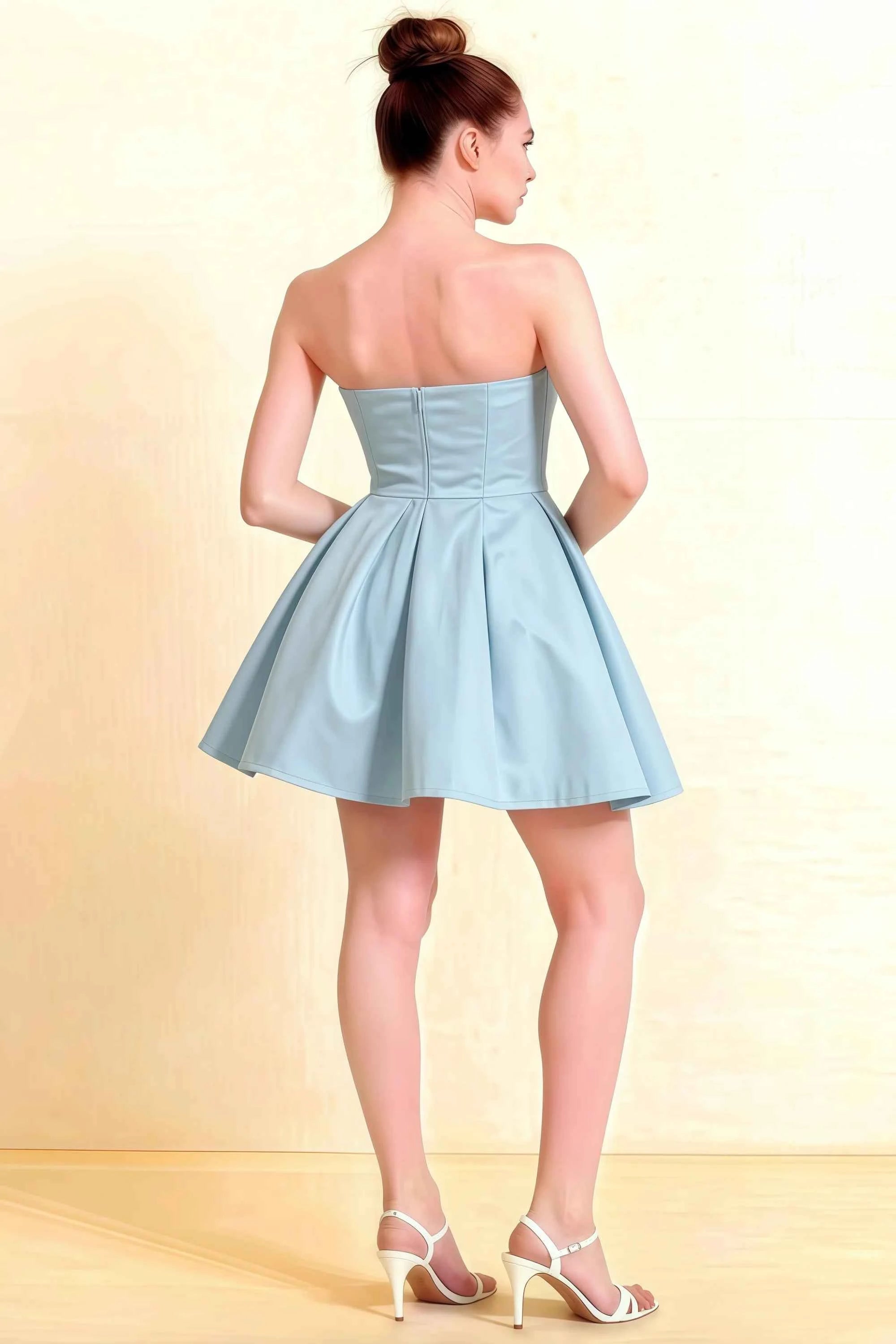 Beverly Light Blue Satin Strapless Open Back Mini Skater Dress Secondary image