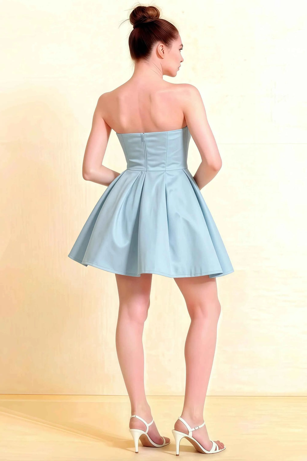 Beverly Light Blue Satin Strapless Open Back Mini Skater Dress