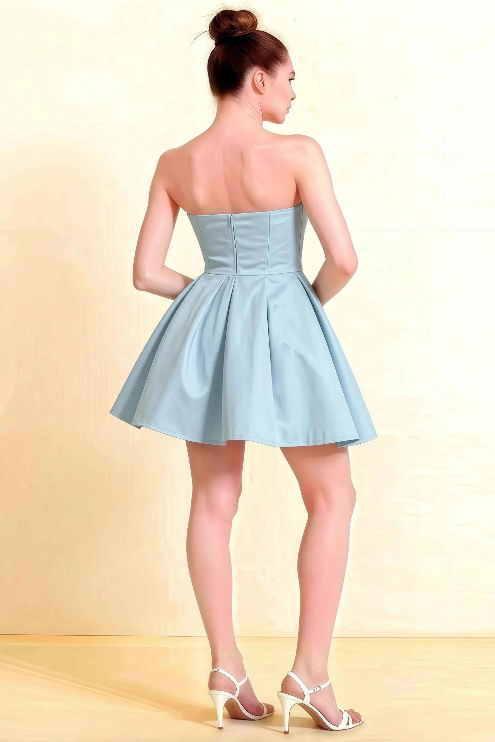 Beverly Light Blue Satin Strapless Open Back Mini Skater Dress