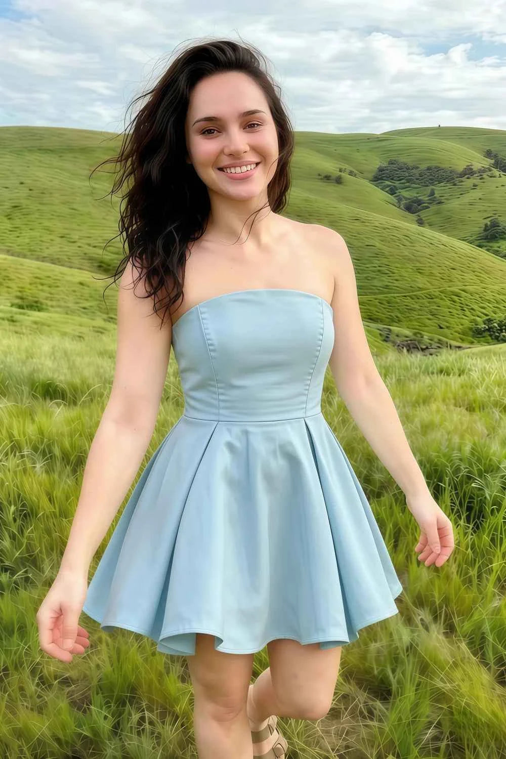Beverly Light Blue Satin Strapless Open Back Mini Skater Dress