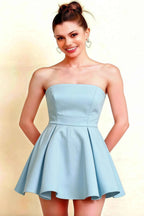 Beverly Light Blue Satin Strapless Open Back Mini Skater Dress