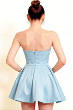 Detail Shot LVLVS Beverly Dress Light Blue Satin Corset Back Open Back Mini Skater Dress for Semi Formal