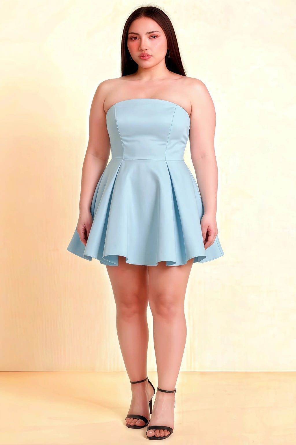 Plus Size Model Wearing LVLVS Beverly Dress Light Blue Satin Strapless Mini Skater Dress for Formal Event