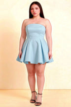 Plus Size Model Wearing LVLVS Beverly Dress Light Blue Satin Strapless Mini Skater Dress for Formal Event