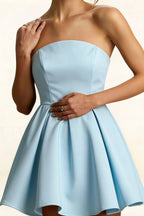 Waist Detail LVLVS Beverly Dress Light Blue Satin Ruched Bodice Mini Skater Dress for Cocktail Party