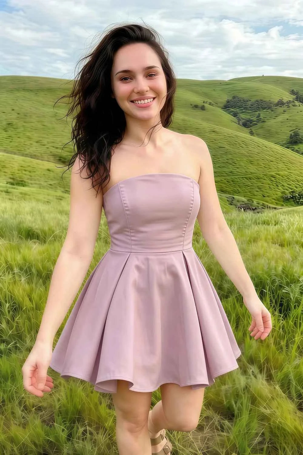 Beverly Lilac Satin Strapless Open Back Mini Skater Dress