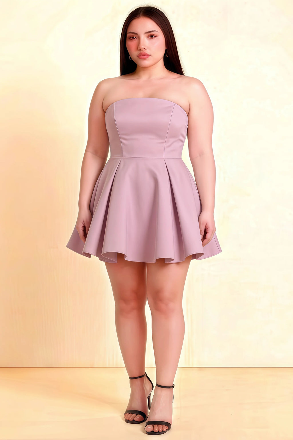 Plus Size LVLVS Beverly Dress Lilac Satin Strapless Mini Skater Dress for Curvy Women Party Brunch Date