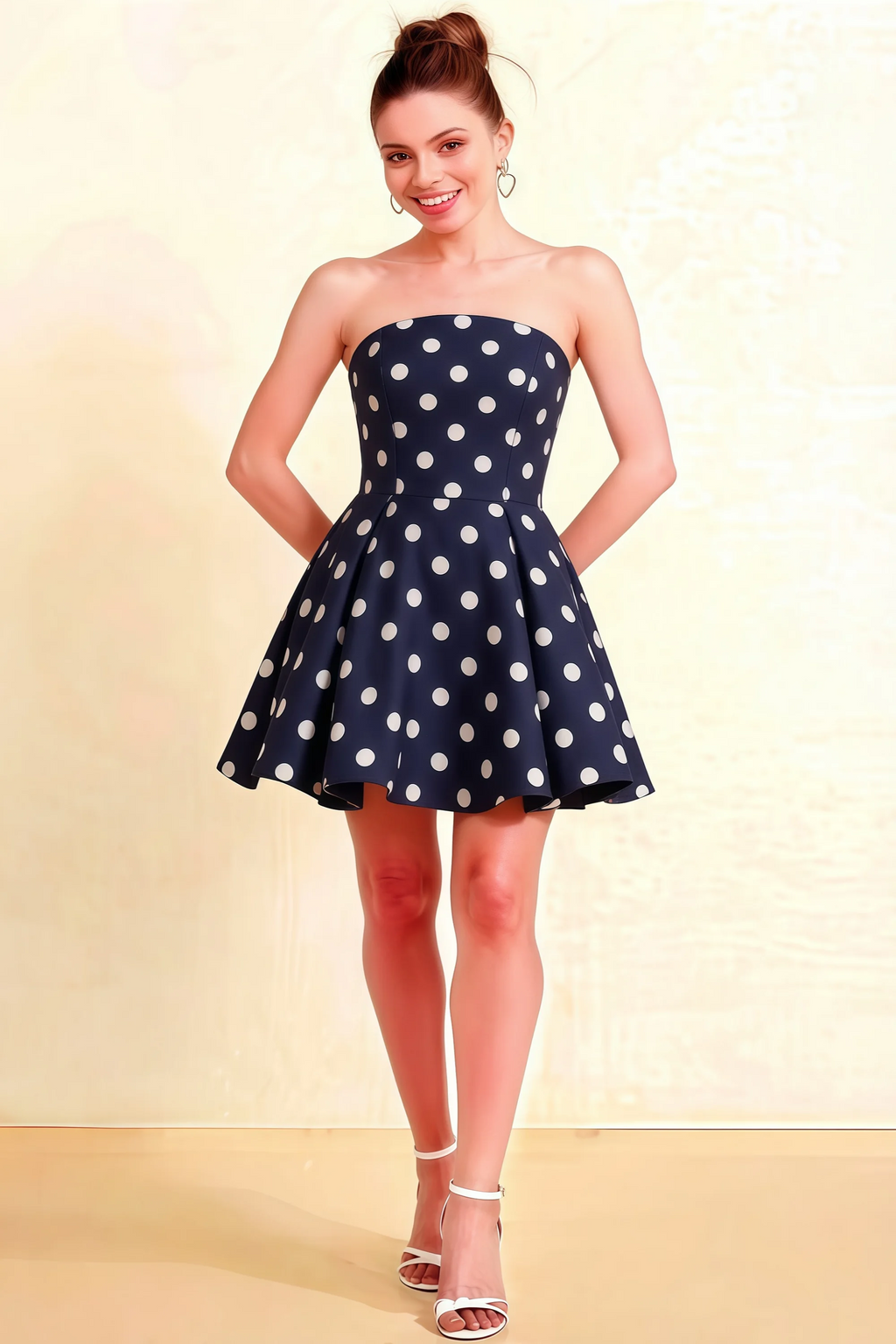 LVLVS Beverly Navy Polka Dot Satin Strapless Open Back Mini Skater Dress for Cocktail Party