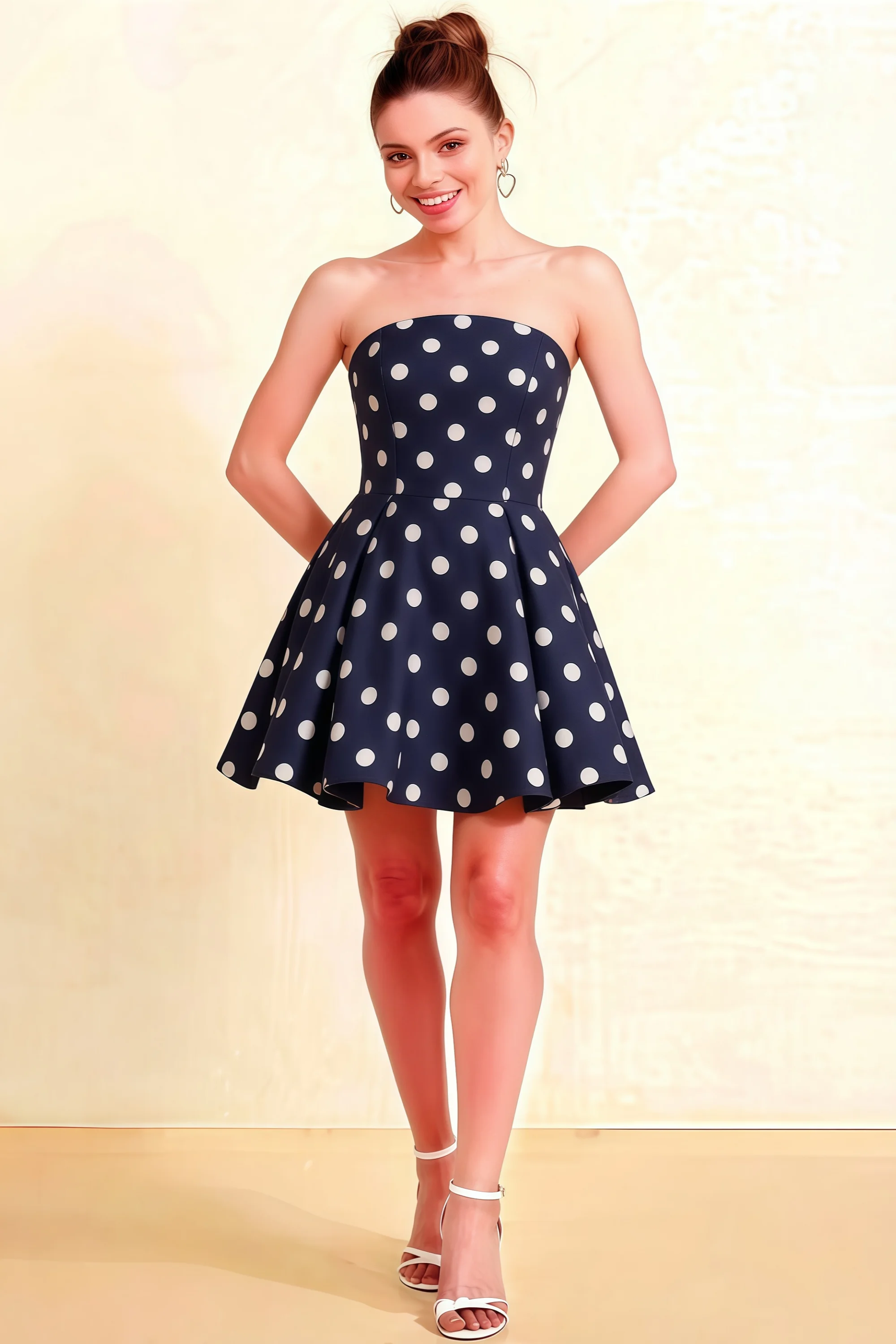 LVLVS Beverly Navy Polka Dot Satin Strapless Open Back Mini Skater Dress for Cocktail Party Imagen principal del producto