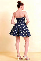 Back View LVLVS Beverly Dress Navy Blue Polka Dot Satin Open Back Mini Skater Dress for Prom