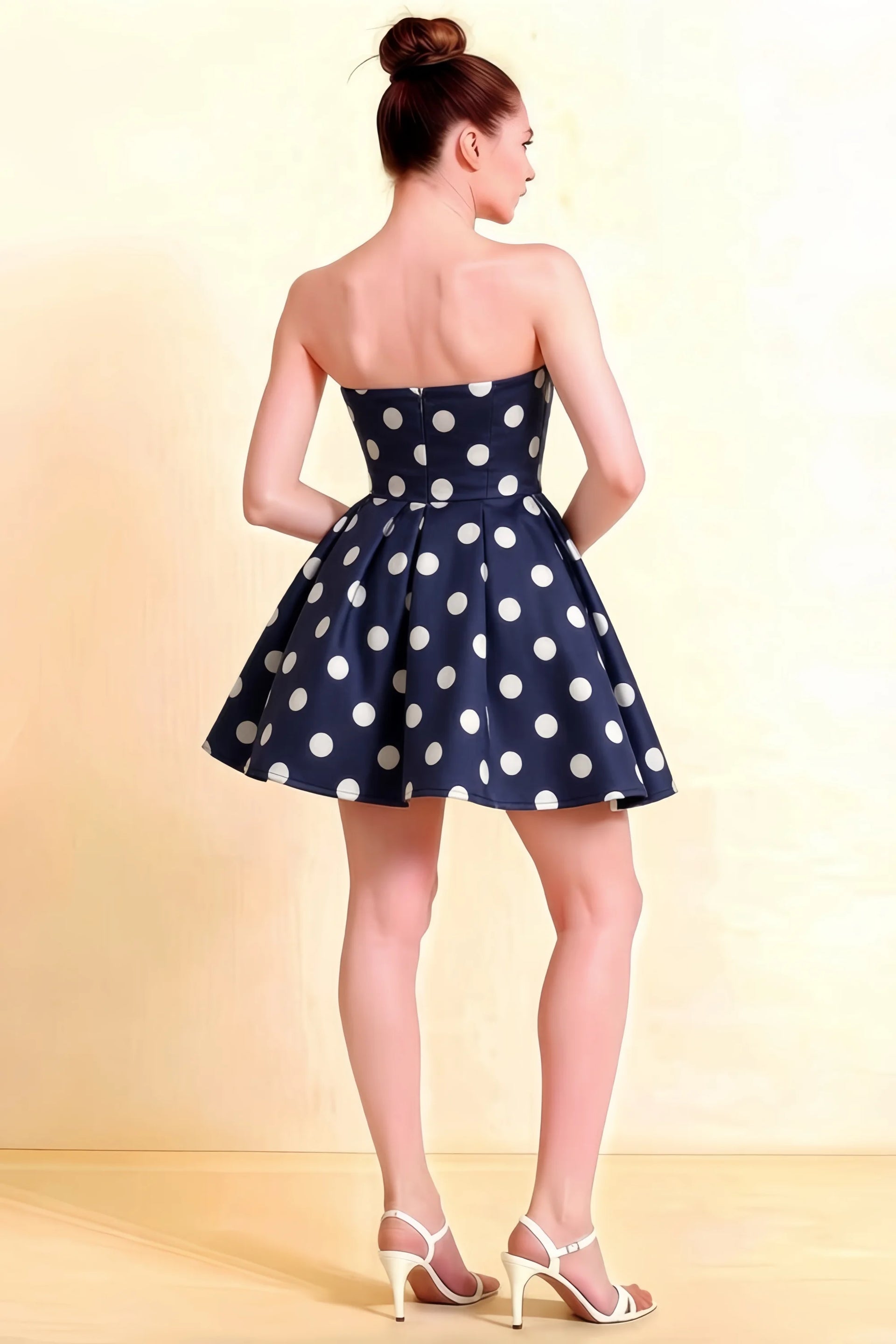 Back View LVLVS Beverly Dress Navy Blue Polka Dot Satin Open Back Mini Skater Dress for Prom