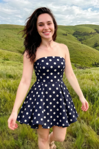 Customer Photo LVLVS Beverly Navy Polka Dot Satin Dress Worn for Casual Day Out in Summer