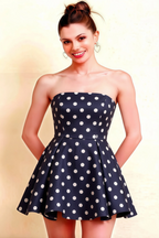 Close Up LVLVS Beverly Dress Navy Blue White Polka Dot Satin Strapless Open Back Design for Bridesmaid