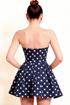 Plus Size模特背影 LVLVS Beverly Navy Polka Dot Satin Open Back Mini Skater Dress for Semi Formal Event