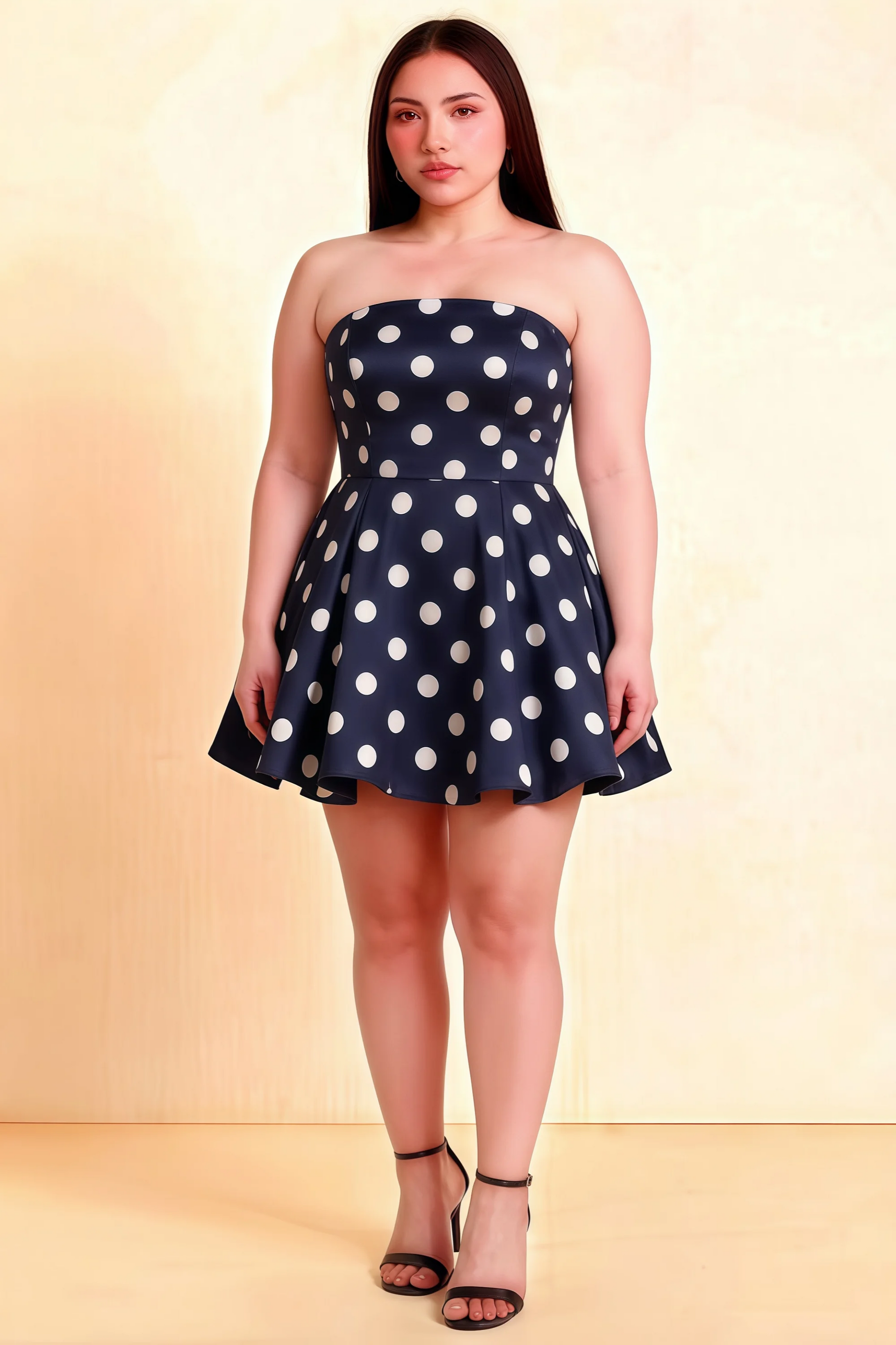 Plus Size LVLVS Beverly Navy Polka Dot Satin Strapless Open Back Skater Dress for Curvy Women Party