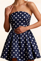 Detail Shot LVLVS Beverly Navy Polka Dot Satin Mini Skater Dress for Going Out Nightclub