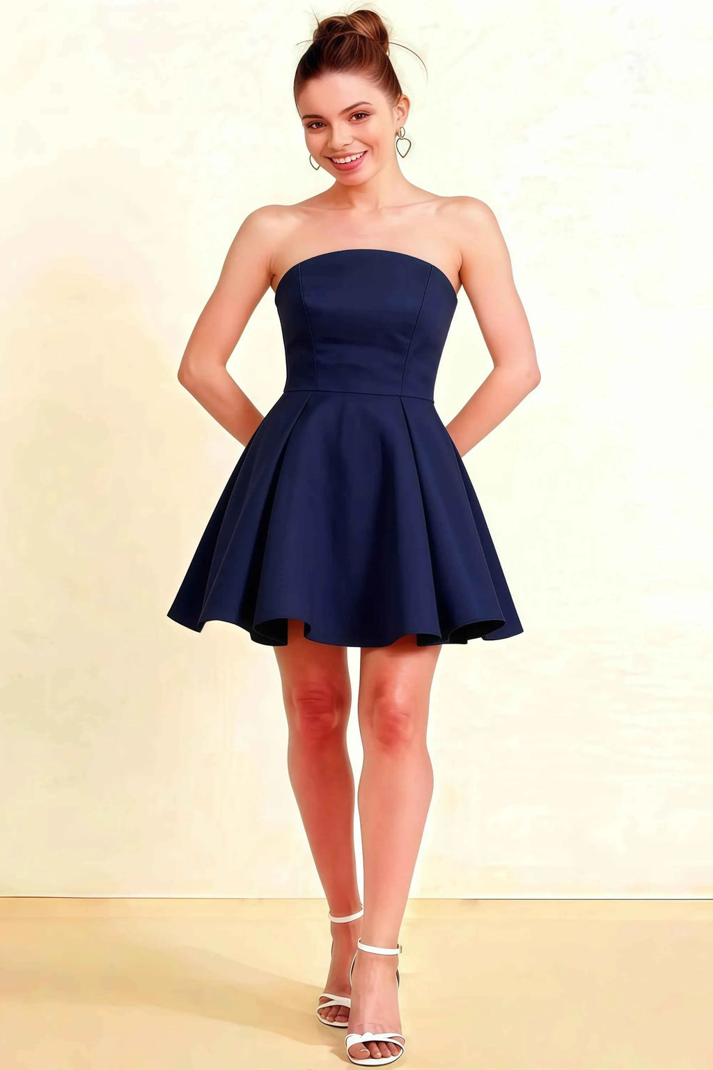 Beverly Navy Satin Strapless Open Back Mini Skater Dress