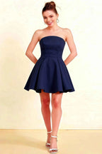 Beverly Navy Satin Strapless Open Back Mini Skater Dress