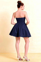 Beverly Navy Satin Strapless Open Back Mini Skater Dress