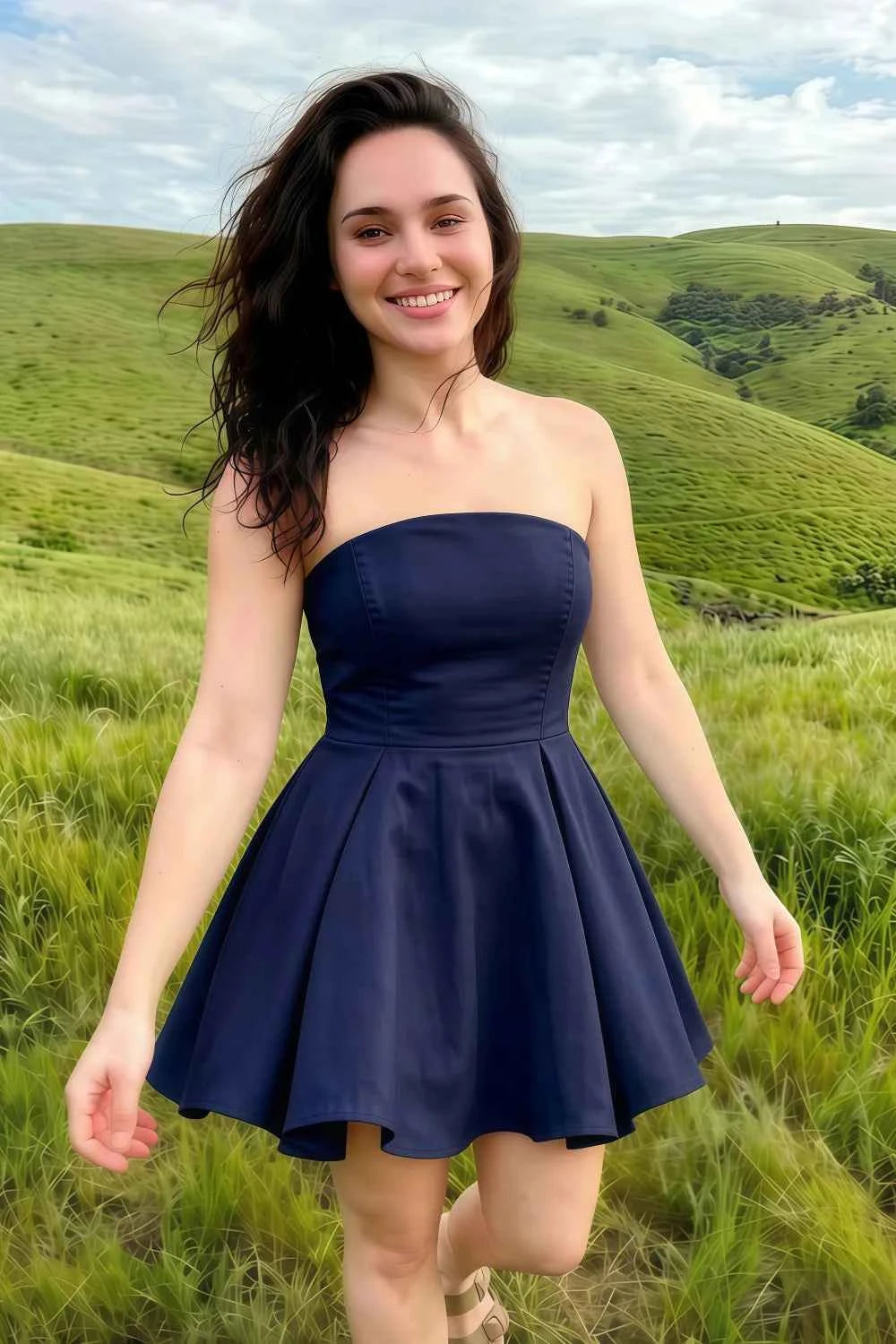 Beverly Navy Satin Strapless Open Back Mini Skater Dress