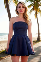 Beverly Navy Satin Strapless Open Back Mini Skater Dress