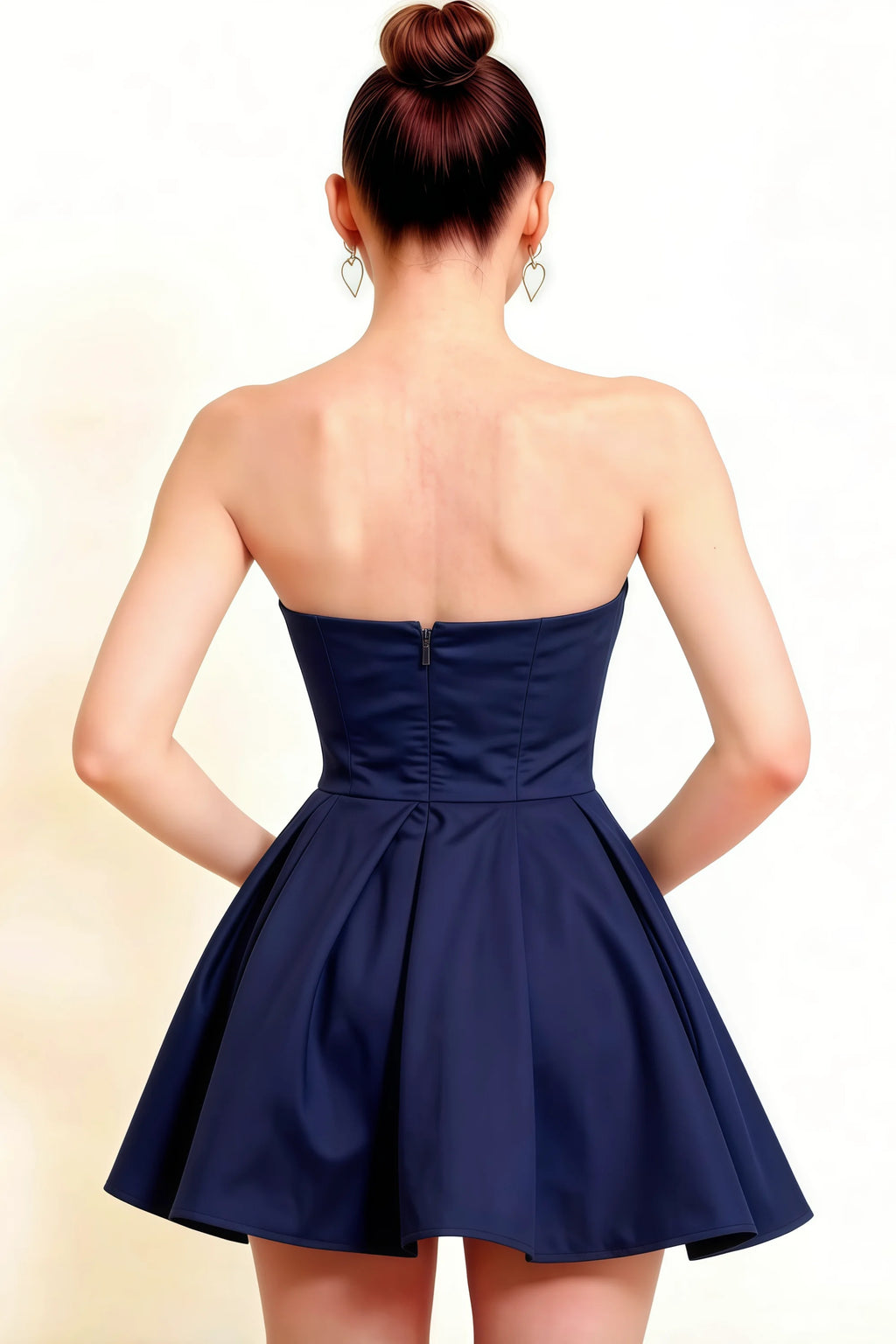 Close-Up Back of LVLVS Beverly Dress Navy Satin Strapless Open Back Mini Skater Dress for Wedding Guest & Semi-Formal Events - Detailed Open Back Design