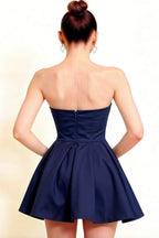 Close-Up Back of LVLVS Beverly Dress Navy Satin Strapless Open Back Mini Skater Dress for Wedding Guest & Semi-Formal Events - Detailed Open Back Design