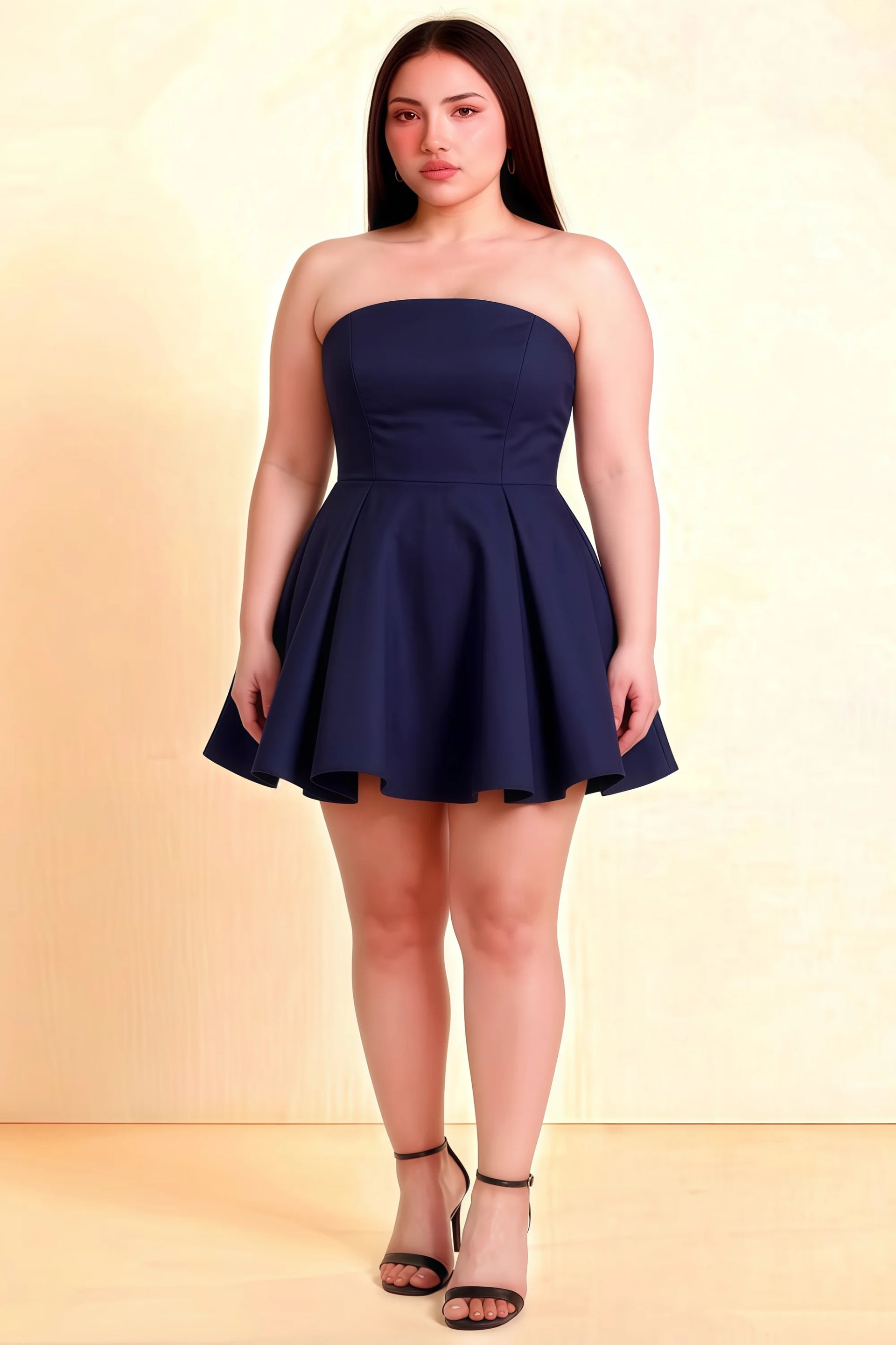 Plus Size Model in LVLVS Beverly Dress Navy Satin Strapless Open Back Mini Skater Dress for Office & Work Events & Graduation - Inclusive Sizing